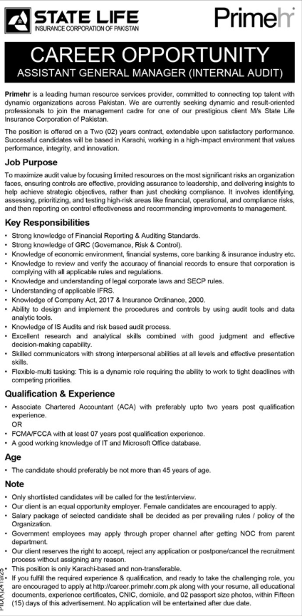 State Life Insurance Corporation Of Pakistan Karachi Jobs 2025