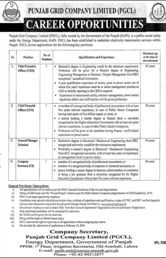 Punjab Grid Company Limited PGCL Lahore Apply Jobs 2026