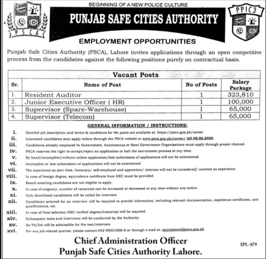 Punjab Safe Cities Authority PSCA Lahore Apply Jobs 2026