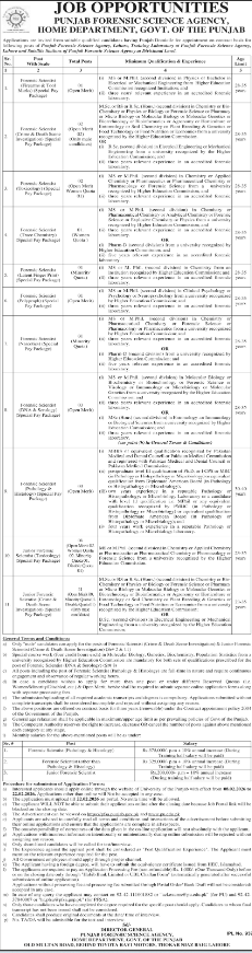 Punjab Forensic Science Agency Lahore Apply Jobs 2026