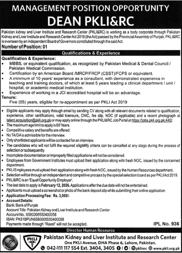 Pakistan Kidney And Liver Institute And Research Centre Jobs 2025