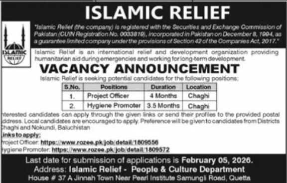 Islamic Relief Pakistan Quetta Apply Jobs 2026