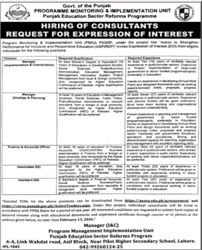 Programme Monitoring And Implementation Unit PMIU Jobs 2026