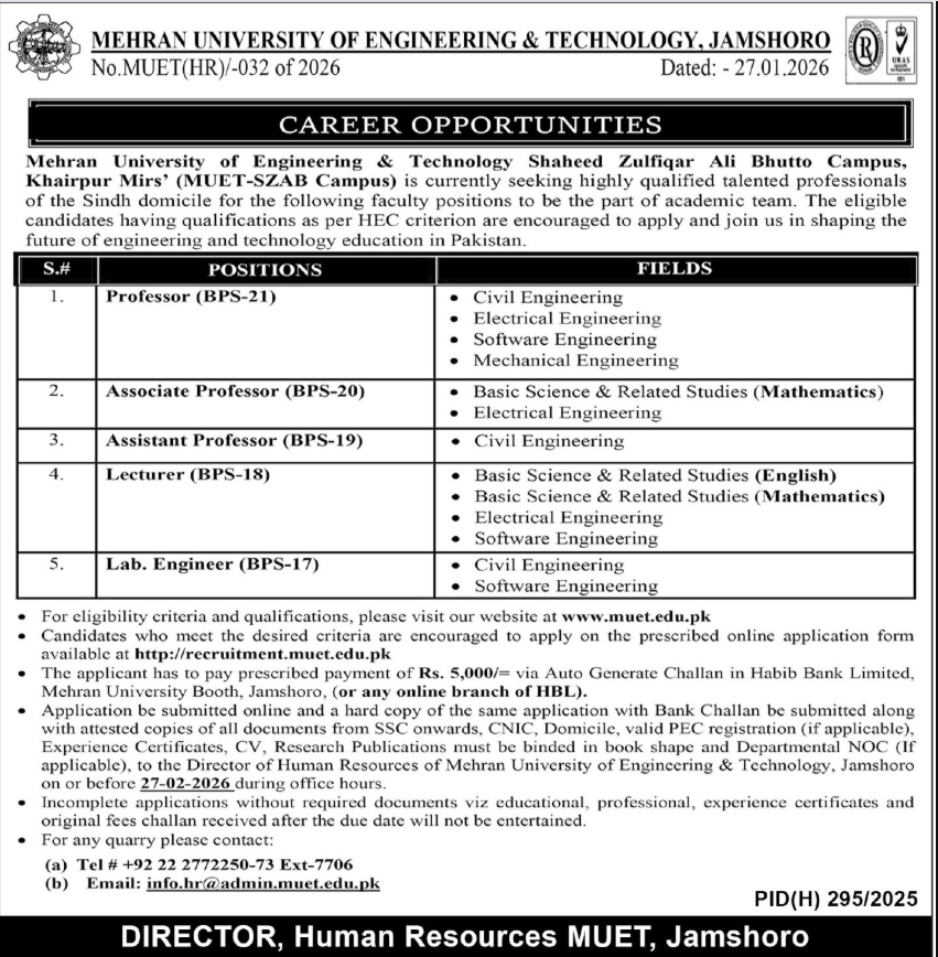 Mehran University Of Engineering And Technology MUET Jobs 2026