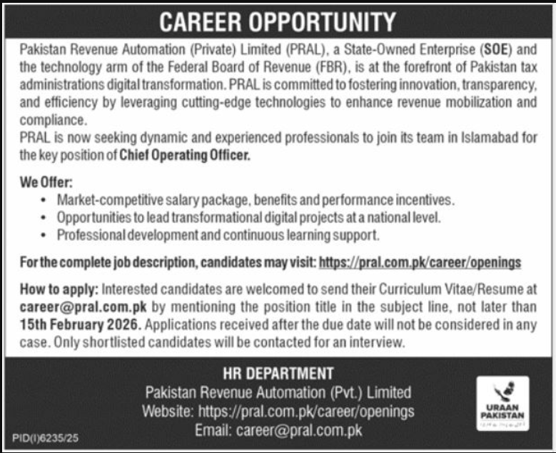 Pakistan Revenue Automation PRAL Islamabad Apply Jobs 2025