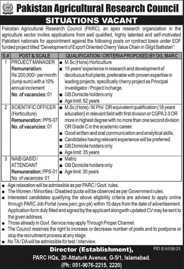 Pakistan Agricultural Research Council PARC Apply Jobs 2026