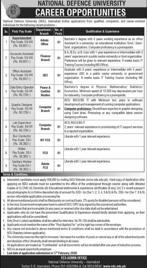 National Defence University NDU Islamabad Apply Jobs 2026