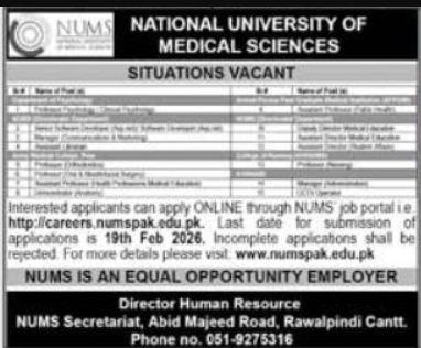 National University Of Medical Sciences NUMS Jobs 2026