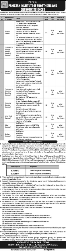 Pakistan Institute Of Prosthetic And Orthotics PIPOS Apply Jobs 2026