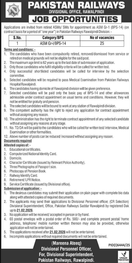 Pakistan Railways Divisional Office Rawalpindi Apply Jobs 2026