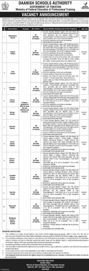 Daanish Schools Authority DSA Islamabad Apply Jobs 2026